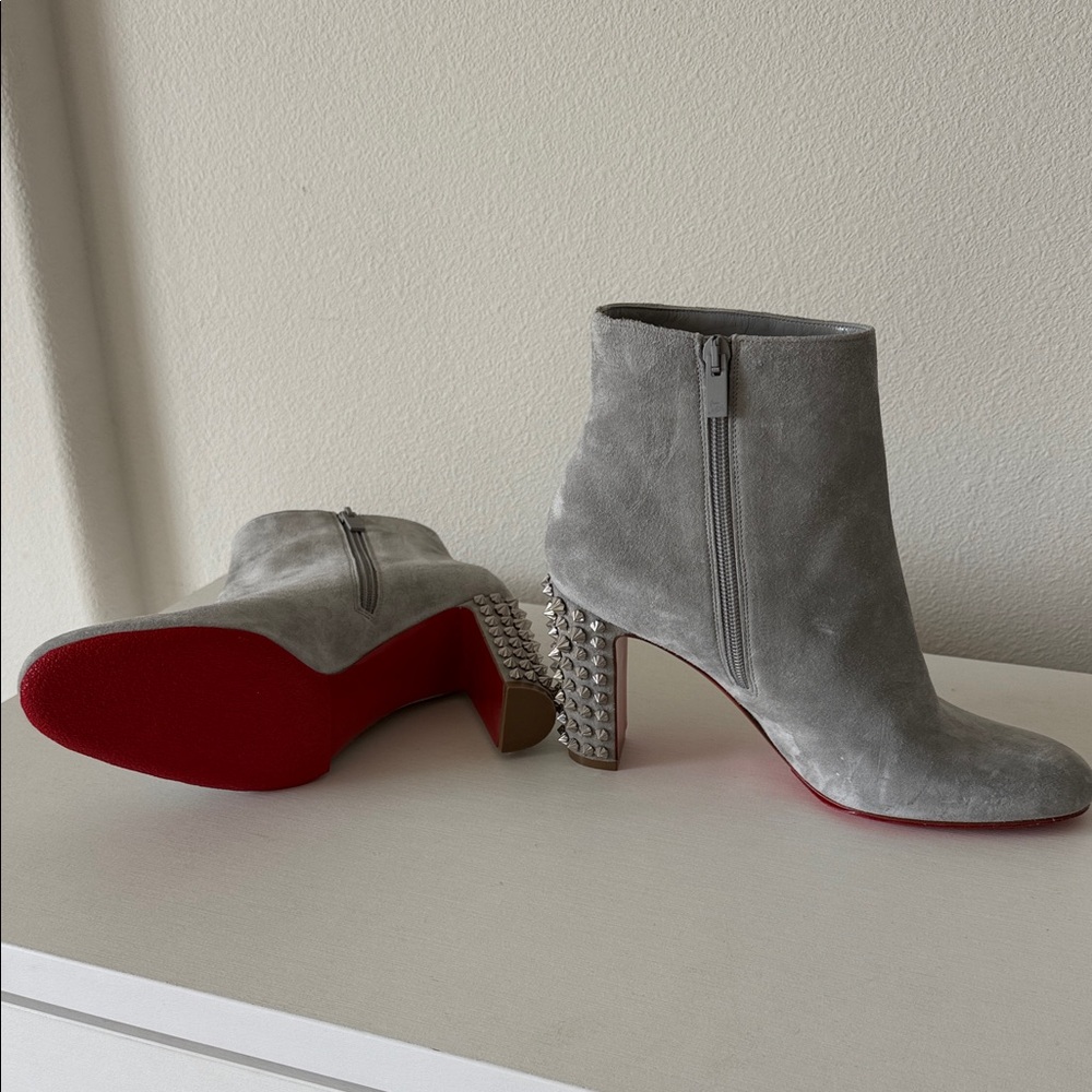Christian Louboutin Gray Suede Heeled Boots with Red Soles